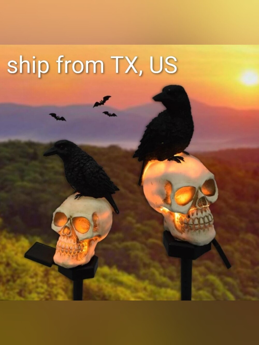 2 Packs Of Halloween Skull Garden Stake with Black Crow Accent